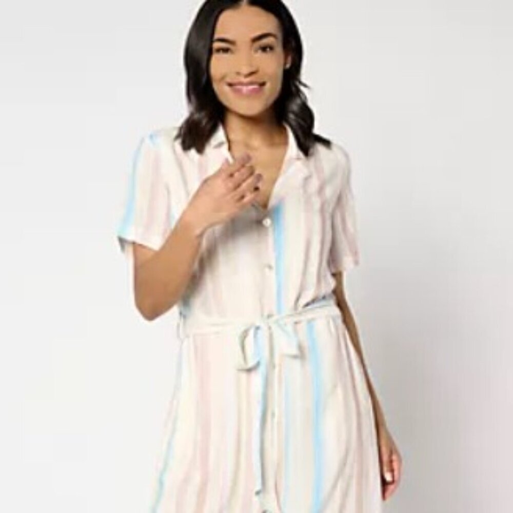 Side Stitch Short-Sleeve Button-Front Midi Dress - Desert Stripes-XX Small
